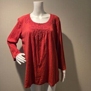 NWT Laura Scott Embroidered Knit Top Fire Island Red L